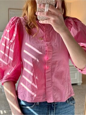 Zara Pink Puff-Sleeve Button-Front Blouse